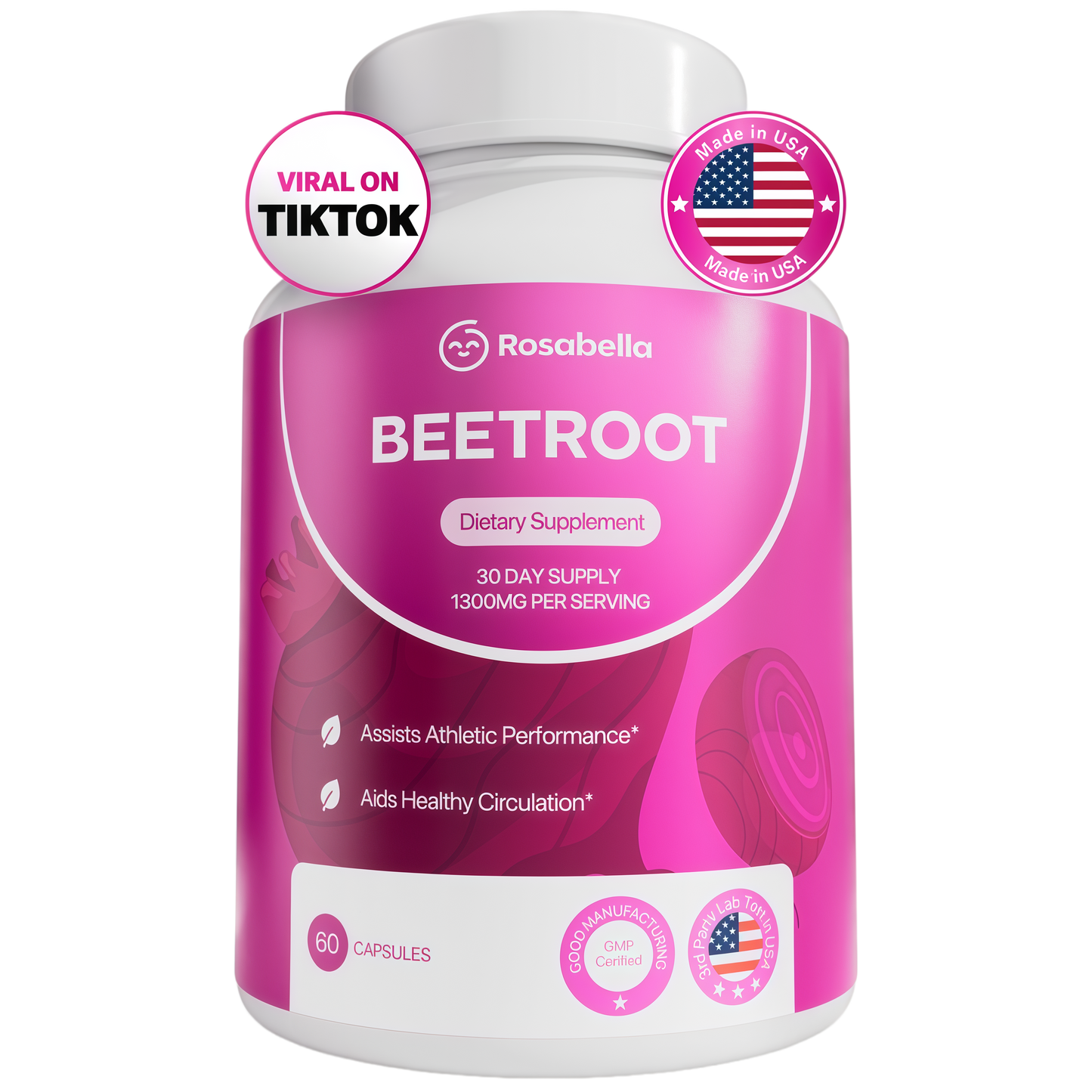 Rosabella Organic Beet Root Capsules - 1300mg Beet Root Powder Aids Healthy Circulation & Vitality, Non-GMO, Beet Root Supplement - 60 Capsules, 30-Day Supply